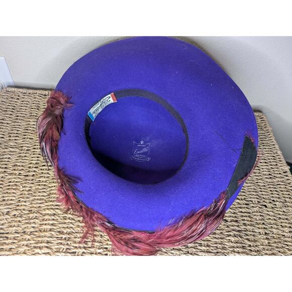 Vintage Mr John\'s 100% Wool Hat Purple Feathers Special Occasion Derby Pimp
